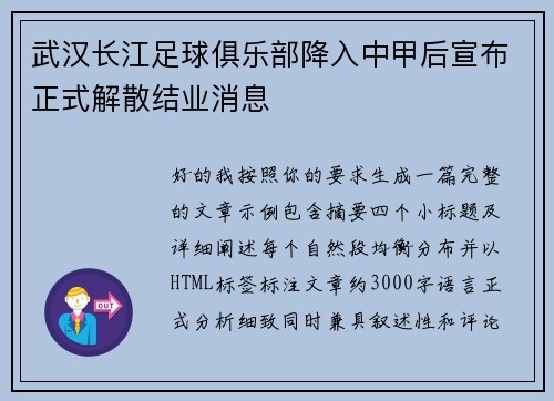 武汉长江足球俱乐部降入中甲后宣布正式解散结业消息